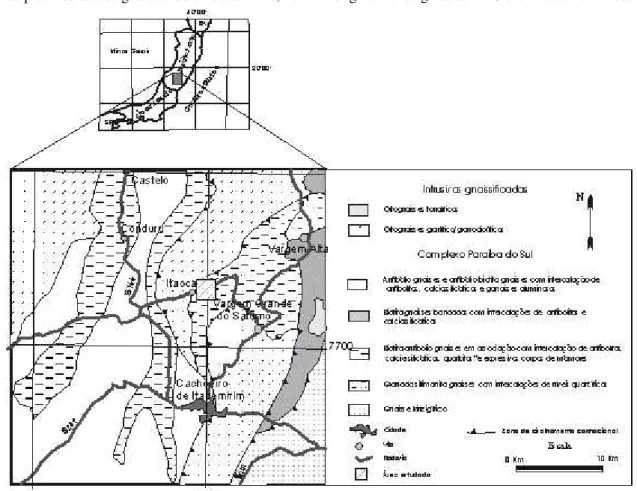 Figura 1: Mapa geológico da região de Itaoca (ES), com localização da área estudada (modificado de Vieira, 1995).