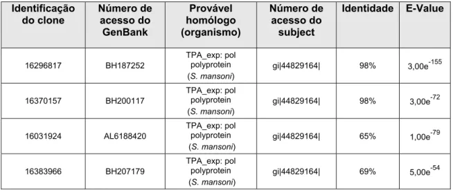Tabela 5 - Resultado da busca de similaridade das seqüências do BAC  clone 11A  no banco de dados do NCBI usado-se o algoritmo BlastX