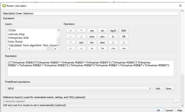 Figure 10 shows the actual implementation of equation 1 and 2 in QGIS raster calculator tool where  each RGB band was used as a variable of equation