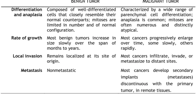 Table  1.1  Summary  of  distinct  features  of  benign  and  malignant  tumors  (adapted  from  [5]) 