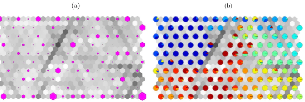 Figure 15. (a) SOM U-Matrix 10 x 15 obtained with best parameter configuration, (b) Reflected  training pattern proportions from the 10 base-line clusters 
