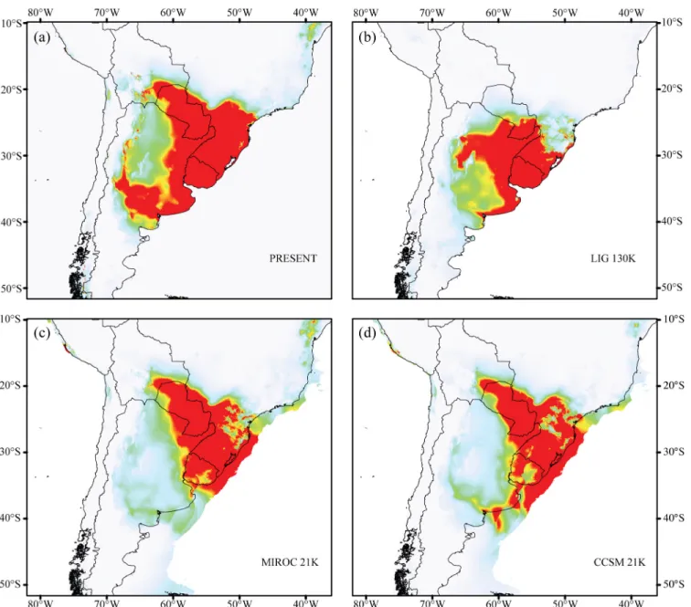 Fig 4. Geographical distribution for climatically predicted areas for the occurrence of Acromyrmex striatus based on current and past bioclimatic variables