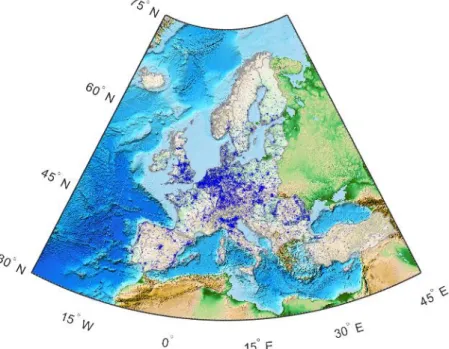 Figure 2.2 – Industrial land use areas provided by the OSM database (blue) for 36 European  countries, as of October 2015