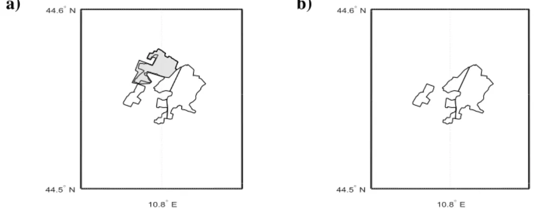 Figure 2.4 – Schematic representation of the operations performed by the Area Calculator for an  example area:  a) Inputs: CORINE non-residential area (white) and OSM commercial area (grey), 