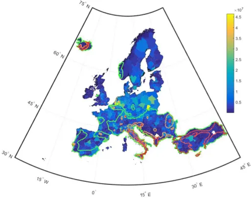 Figure 2.17 – Illustration of industrial “exposure at risk” in Europe. The solid contour lines  enclose regions where PGA values of 0.05g (green), 0.15g (orange), and 0.30g (red), 