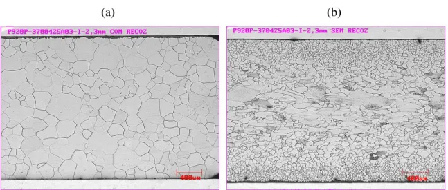 Figura  5.19-  Micrografias  das  amostras  do  aço  com  2,2%Si:  (a)  amostra  recozida  a  temperatura de 1030°C e (b) amostra sem recozimento inicial