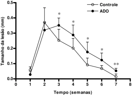 Fig.  10.  Efeito  da  adenosina  no  desenvolvimento  de  lesão  de  camundongos  C57BL/6 infectados com L