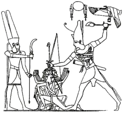 Fig. 3 - Ramsés II, acompanhado do deus Amon,  submete os inimigos (Kamak, templo de Amon, XIX dinastia) 