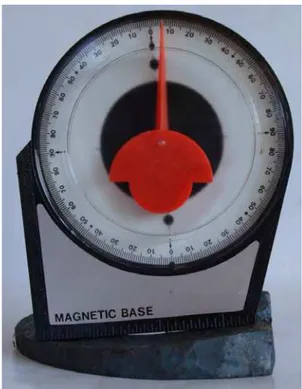 Figura  3.  Imagem  fotográfica  ilustrando  transferidor  de  base  magnética  utilizado  para  conferir  a  correta  angulação da ferradura utilizada durante a fase experimental