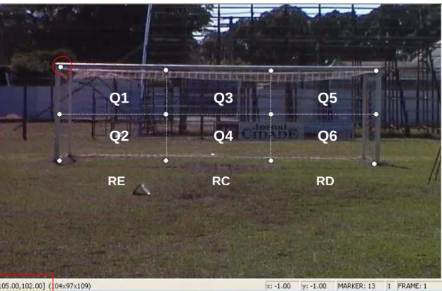 Figura 7. Imagem do gol com os respectivos quadrantes e as regiões esquerda (RE), central  (RC) e direita (RD) para auxiliar na classificação das cobranças