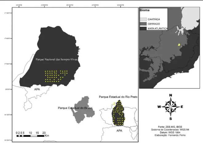 Figura 1 - Mapa da amostragem de mamíferos de médio e grande porte do Parque Estadual do Rio Preto (2013) e Parque  Nacional das Sempre-Vivas (2014) por armadilhas fotográficas