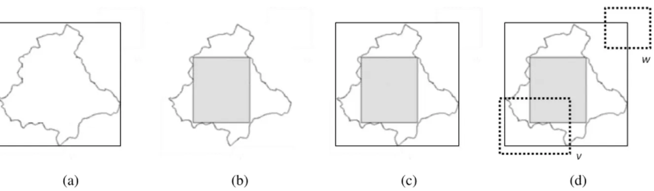 Figure 2.3: A region, its approximations and spatial range queries. (a) A region and its MBR