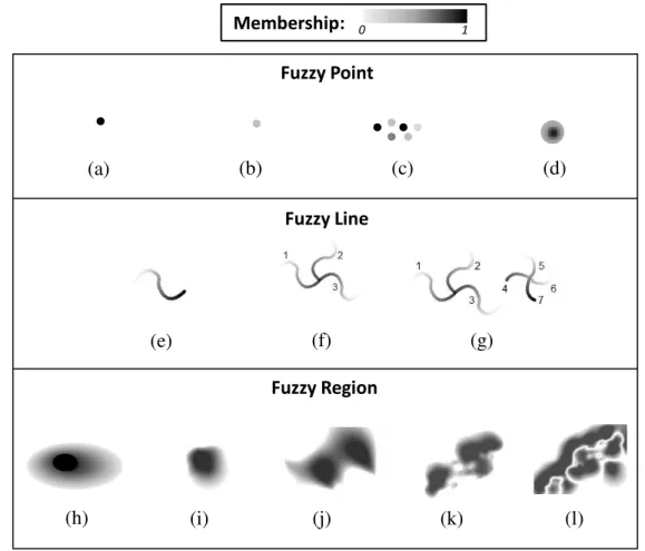 Figure 2.10: Example of vague spatial objects designed according to existing fuzzy models for spatial vagueness.