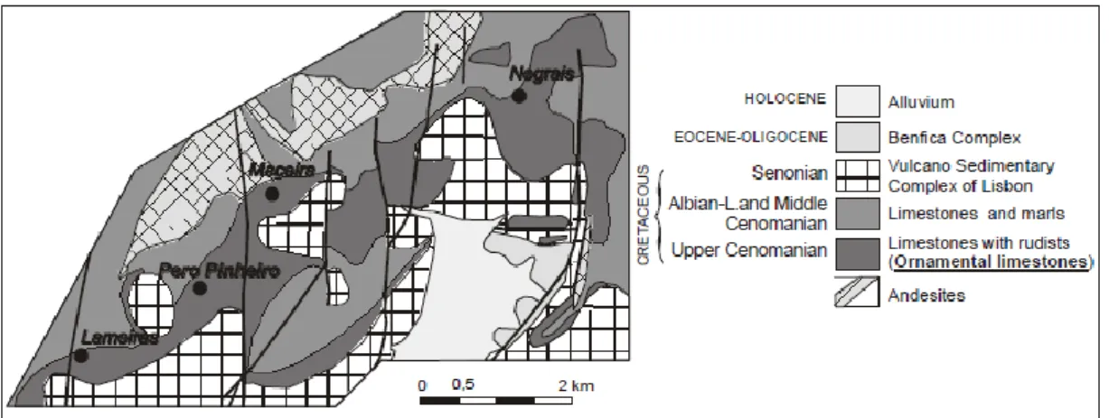 Figura 3- Configuração geológica dos calcários microcristalinos da região de Pero Pinheiro (zona  de estudo circunscrita á região da União das freguesias de Almargem do Bispo, Pero Pinheiro e  Montelavar
