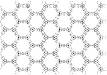 Figura 2.2: Ilustra¸c˜ao representando as liga¸c˜oes covalentes entre orbitais sp 2 de alguns ´ atomos de carbono, justificando forma hexagonal do cristal do grafeno