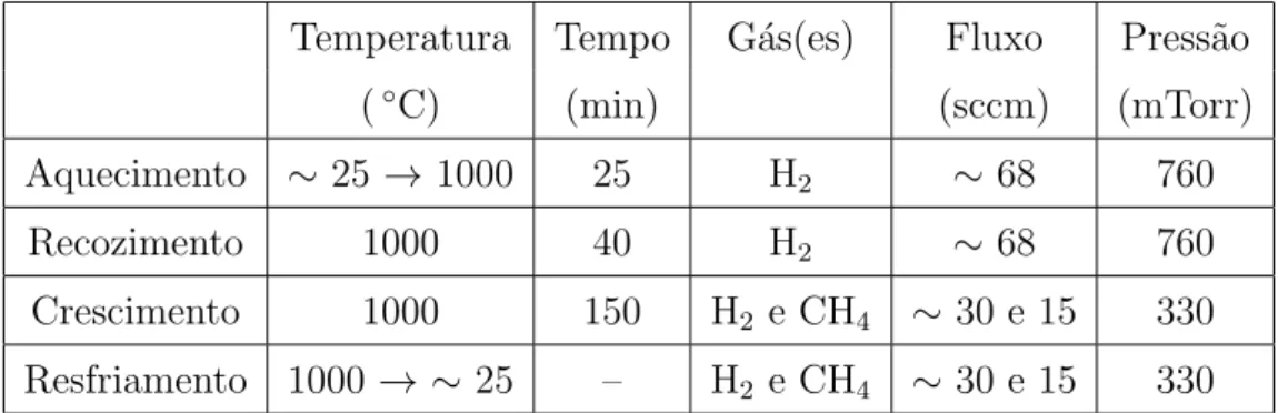 Tabela 3.1 - Protocolo de crescimento de grafeno por LPCVD. 1 ,2