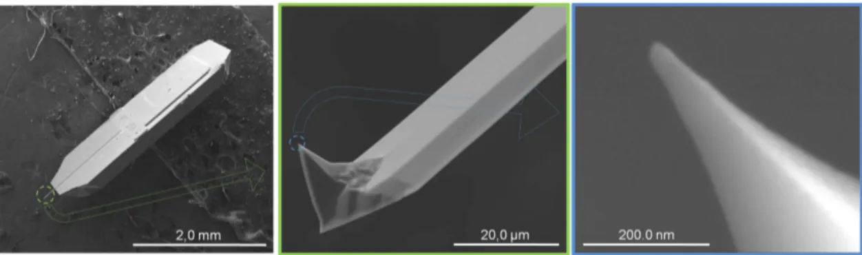 Figura 3.8: Imagens de SEM de um microchip de AFM que utilizamos no es- es-tudo desta disserta¸c˜ao