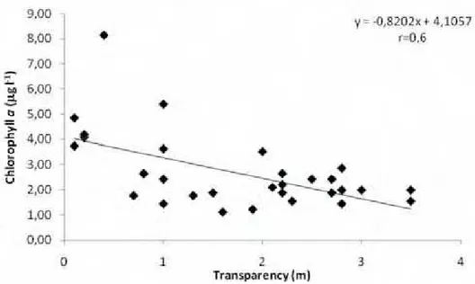 Figure 9 – Linear correlation between chlorophyll a and transparency at the sampling stations