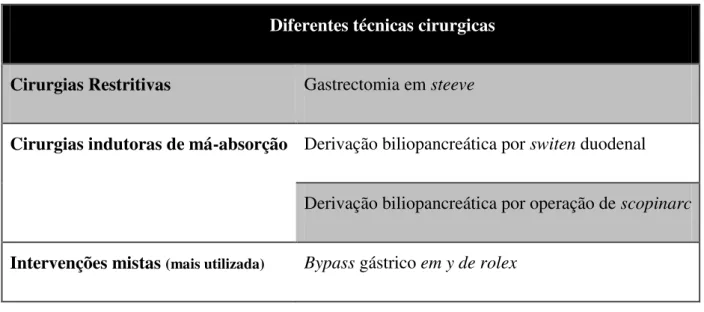 Tabela 1 - Diferentes tipos de intervenção cirúrgica, adaptado de Vaz (2008). 