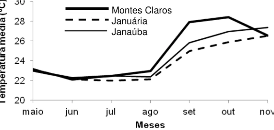 Gráfico 3  – Temperaturas médias mensais nos municípios de Montes Claros,  Januária  e  Janaúba,  durante  o  período  experimental,  maio  a  novembro de 2015 