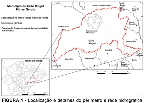 FIGURA  1  -  Localização  e  detalhes  do  perímetro  e  rede  hidrográfica  do Projeto de Assentamento Americana e a sua localização no estado  de Minas Gerais 