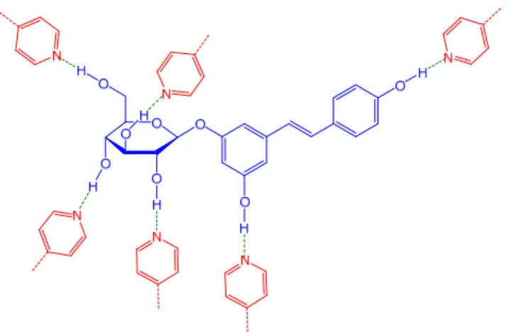 Figure 1. Depiction of expected interactions between the template molecule (polydatin) and  functional monomers (interaction with pyridyl functional groups was here considered for illustration  purposes)