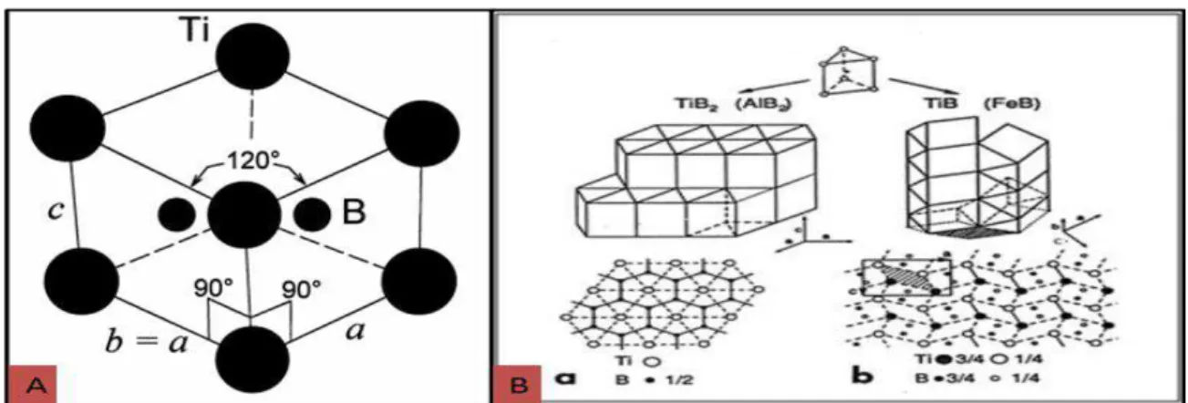 Figura 8. Arranjo Estrutural do TiB 2  e formação da estrutura cristalina de TiB 2  e TiB  