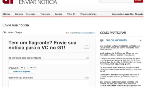 Figura 19: página do portal G1das Organizações Globo onde o internauta pode  enviar conteúdo informativo