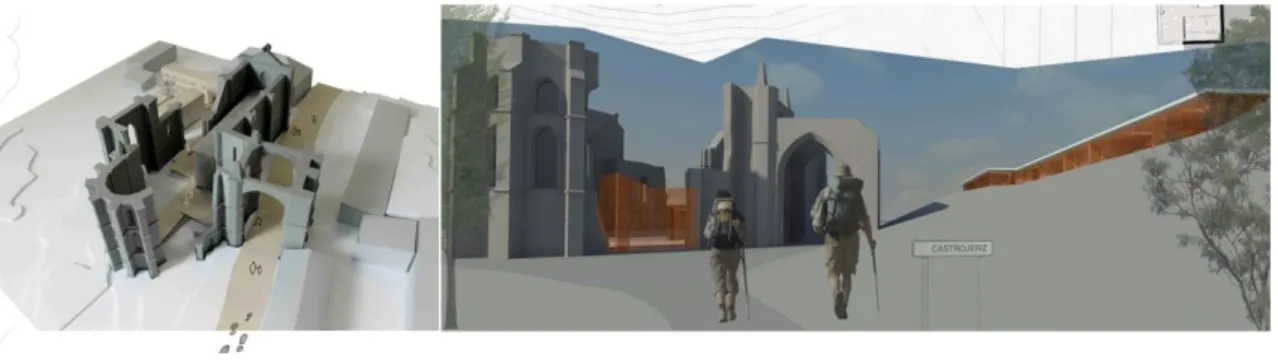 Figure 2. Scale model of a proposal. The Camino, the ruins and the project. 