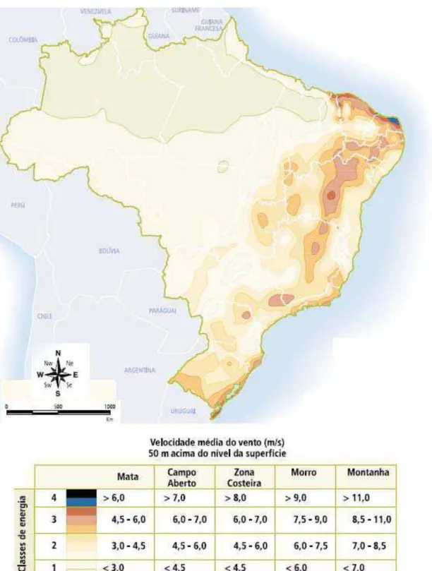 Figura 4. Potencial eólico do Brasil (ANEEL, 2005; FEITOSA et al., 2003).