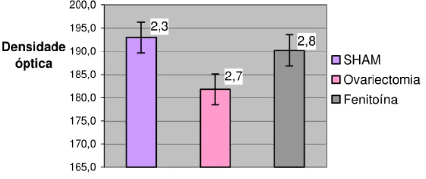 FIGURA 8 – Gráfico das médias dos valores de densidade óptica e erros das  médias dos grupos experimentais no período de 30 dias (metáfise  de tíbia) em ratos fêmeas