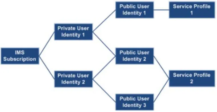 Figure 3: Relation between IMS identifiers, subscription and service profiles [7]
