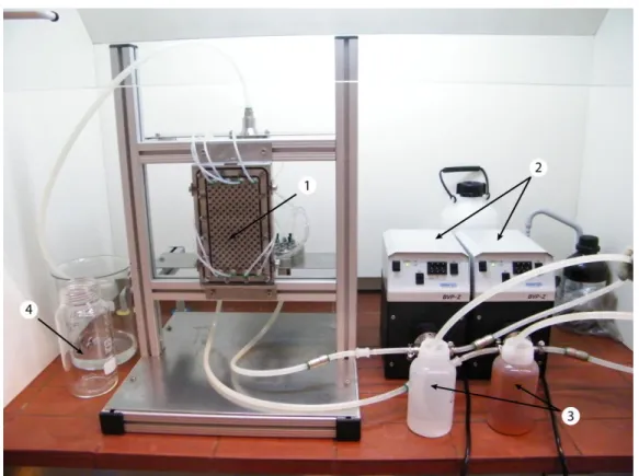 Figure 19. NETmix® reactor experimental apparatus. Legend: 1-NETmix® Reactor; 2-Feeding  pumps; 3-Reactants vessels; 4-Final product flask