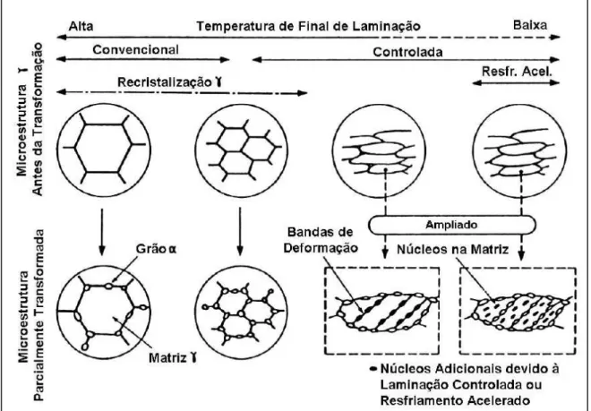 Figura 3.25 - Comparativo da transformação da austenita em ferrita entre processo de laminação convencional e  laminação controlada (Adaptado de [12])