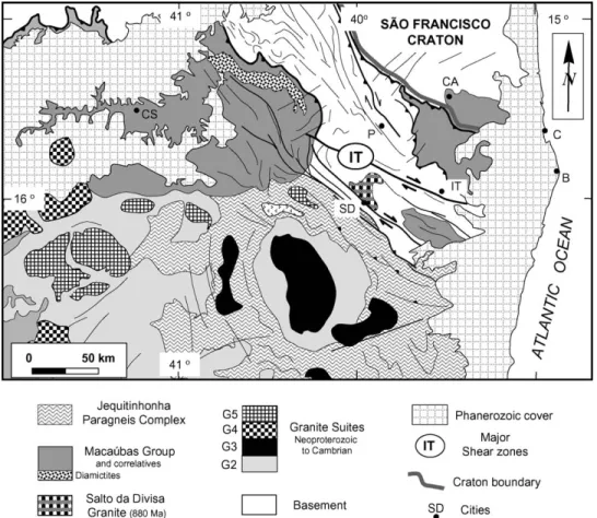 Fig. 9. Simplified structural map of the northeastern portion of the Arac¸ua´ı orogen, emphasizing the Itapebi shear zone system
