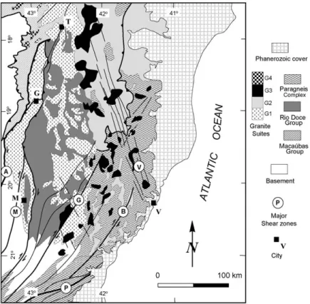 Fig. 10. Schematic structural map of the crystalline core of the AWC orogen. Major shear zones: A = Abre Campo, M = Manhuac¸u, G = Guac¸u´ı, B = Batatal, P = Al´em Para´ıba