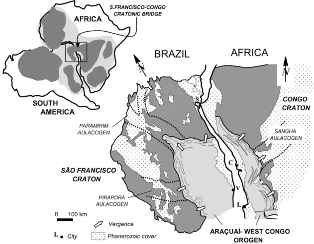 Fig. 1. The Arac¸ua´ı-West Congo orogen and the adjacent S˜ao Francisco-Congo craton in the context of West Gondwana