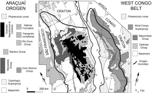 Fig. 2. Distribution of the principal lithostratigraphic units of the Arac¸ua´ı-West Congo orogen, based on Pedrosa-Soares et al