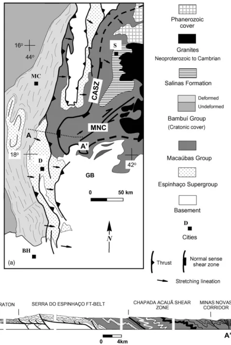 Fig. 5. (a) Schematic structural map of Serra do Espinhac¸o fold-thrust belt, Chapada Acau˜a shear zone and Minas Novas corridor
