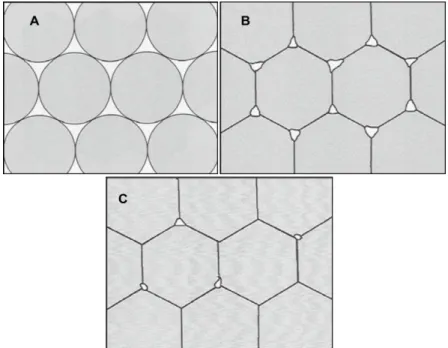Figure 1. 4  – Zirconia sintering stages. A - Powder particles compacted together; B - Particles beginning to  bind together; C- Fully sintered ceramic [8]