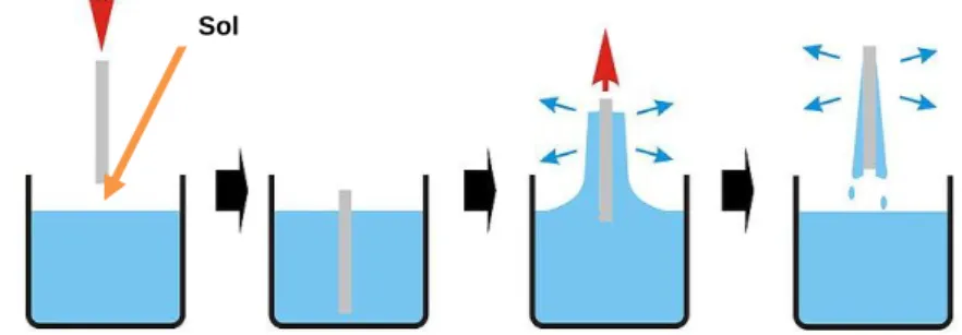 Figure  1.  6  -  Scheme  representing  the  dip-coating  process.  The  stages  of  the  dip  coating process represented are: dipping of the substrate into the coating solution,  wet layer formation by withdrawing the substrate, gelation and drying of th