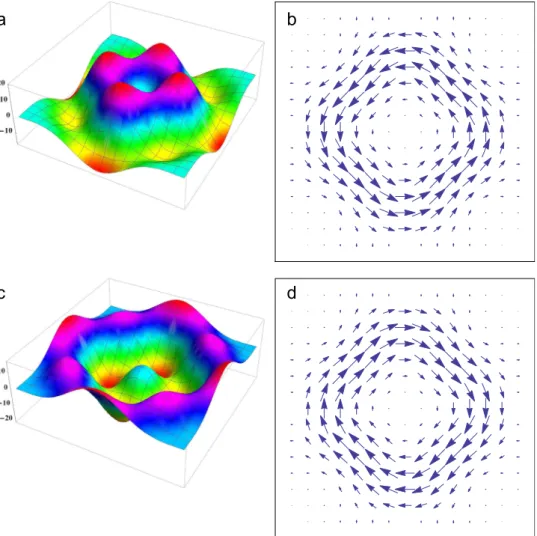 Fig. 6. The subplots (a) and (c) show the local magnetic ﬁ eld, h 3 , and the subplots (b) and (d) the surface supercurrent, J s , for the J 3 = 5/2 = and J 3 = − 5/2 = states, respectively.