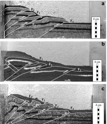 Fig. 6. Surface photographs of the three experiments after a 12 cm displacement of (a) sand, (b) sand barite mixture and (c) sand mica mixture.