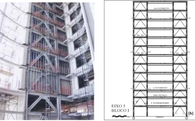 FIGURA 4.12 – Solução estrutural do edifício E-1: (a) vista dos contraventamentos na região  interna do átrio, durante a execução*; (b) esboço da elevação dos contraventamentos