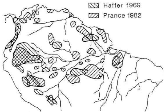 Figura 1 -  Disposição dos refúgios propostos por Haffer (1969) e Prance (1982) durante o  Pleistosceno