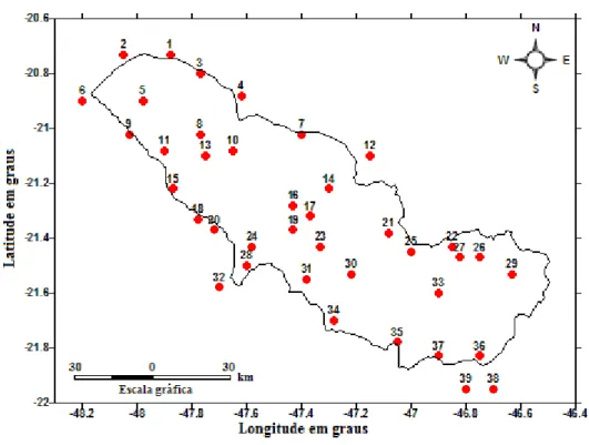 Figura 7 - Postos pluviométricos da bacia do Rio Pardo, ordenados no sentido de norte  para sul e de leste para oeste