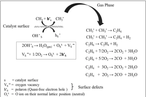 Figure 1.3 OCM reaction pathways. The notation used for defects is from  Kröger and Vink [14]