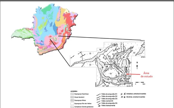 FIGURA 4 – Localização da área em estudo no Quadrilátero Ferrífero. Adaptada dos mapas geológicos  de Minas Gerais (CODEMIG, 1995) e do Quadrilátero Ferrífero (Baltazar &amp; Zuchetti, 2005)