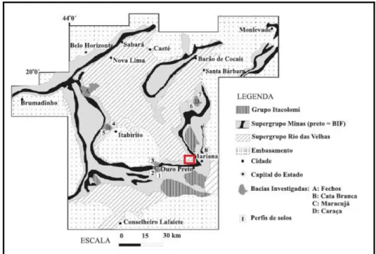 Figura 1.3: Mapa geológico do Quadrilátero Ferrífero, destacando-se em vermelho a área estudada  (Alkmim e Marshak, 1998)