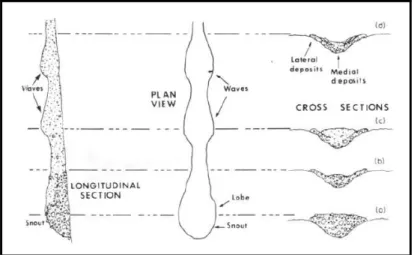 Figura 2.7: Características granulométricas e morfológicas mais comuns dos fluxos detríticos de montante  (d) para jusante (a) (Johnson e Rodine, 1984, apud Avelar, 2003)